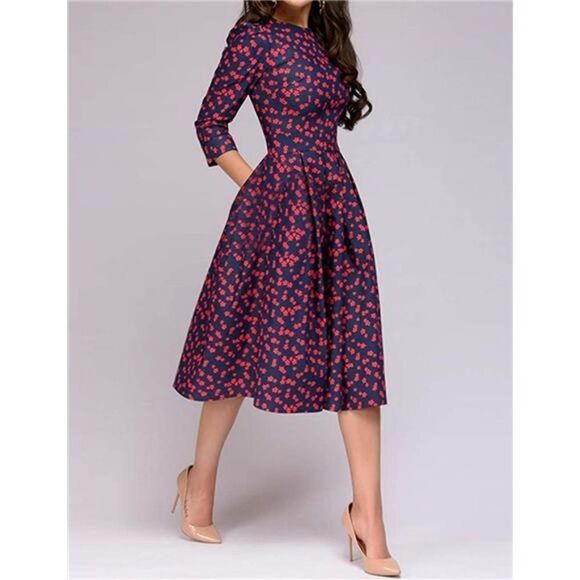 Simple Flavor Womens Floral Vintage Dress Elegant Midi Evening Dress 3/4 Sleeves - Picture 2 of 6